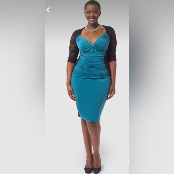 Kiyonna Valentina Illusion Dress In Teal - Picture 1 of 8